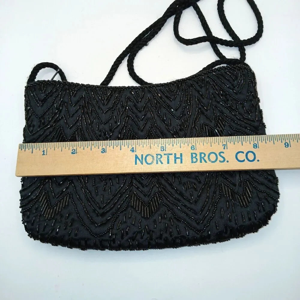 Vintage Carolyne Barton Night Black Beaded Evening Bag Should Strap 5.5x8.25 in